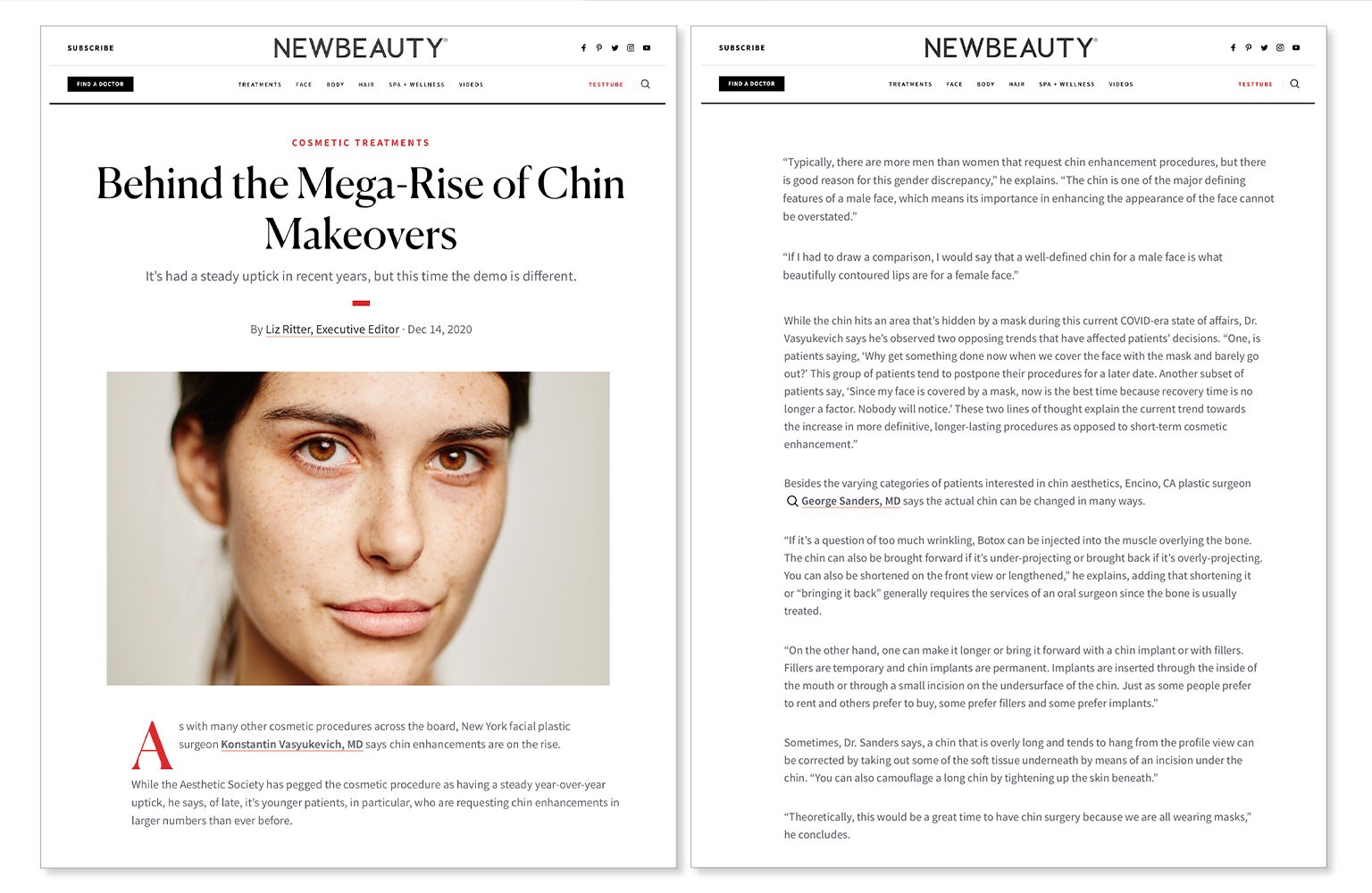 Dr. Sanders "Behind the Mega-Rise of Chin Makeovers" New Beauty Article